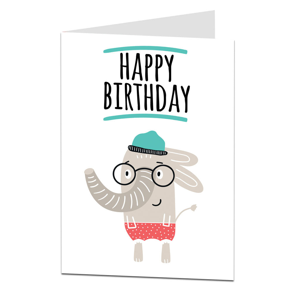 Elephant With Wolly Hat & Glasses Kids Birthday Card