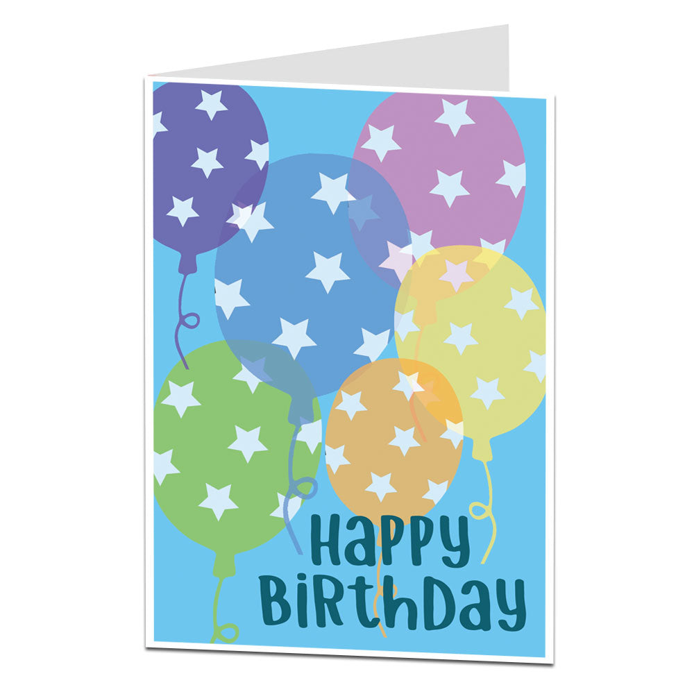 Happy Birthday Card Balloon And Stars Design In Blue