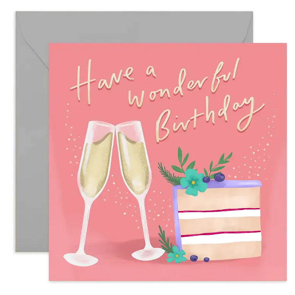 Champagne & Cake Birthday Card In Pink