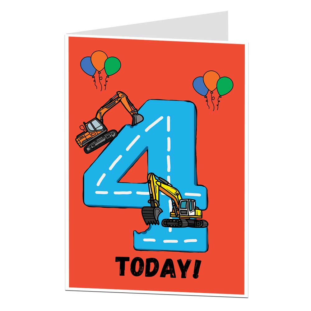 4th Birthday Card For Boys Construction Digger Design In Red