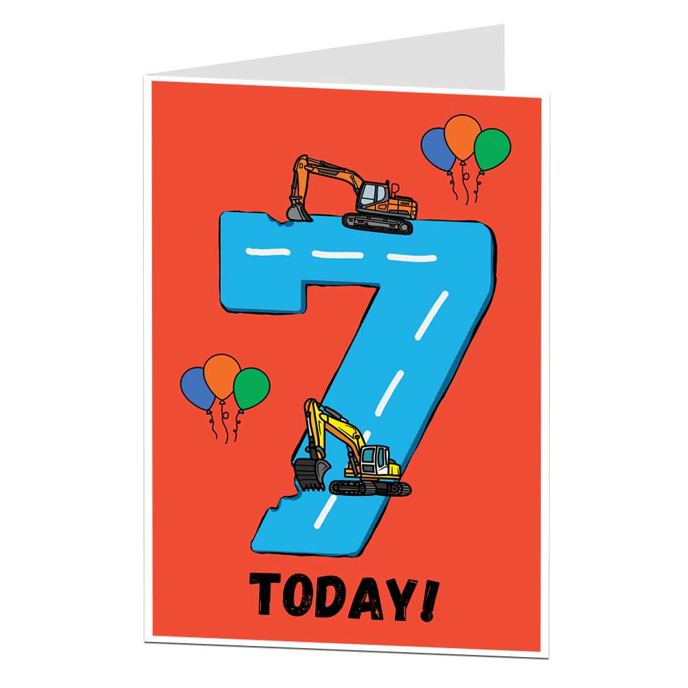 7th Birthday Card For Boys Construction Digger Design In Red