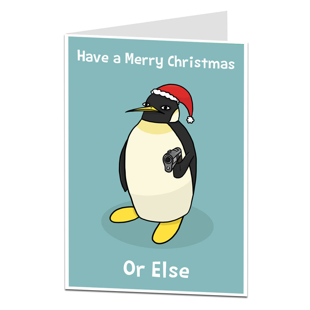 Funny Penguin With Gun Christmas Card